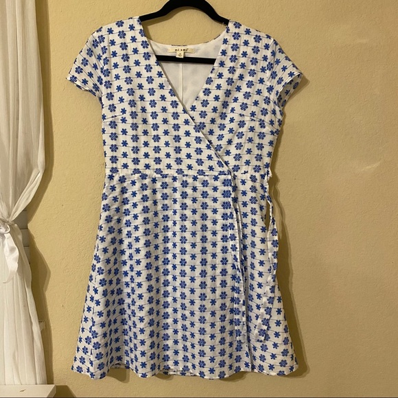 White & Blue Floral Wrap Tie Dress - Picture 1 of 7